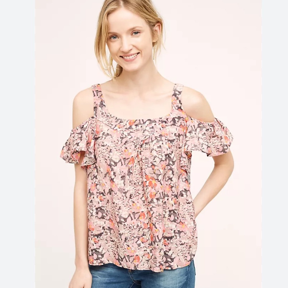 Anthropologie MAEVE Hana Open Shoulder Floral Pink Top Size L Keyhole Back